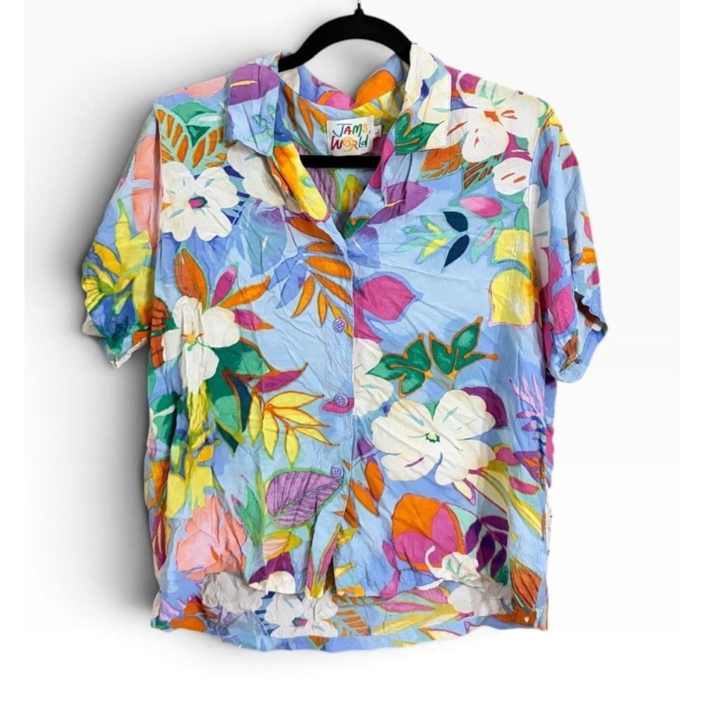 Vintage Jams World Floral Rayon Hawaiian Shirt Large Beach Summer Flower Pattern